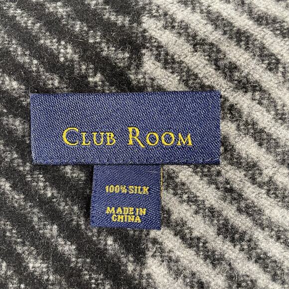 Club Room 100% Silk Scarf Wrap Men Gray Black 12x66 With Fringe Winter Warm - Picture 4 of 5